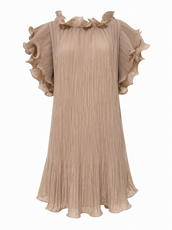【新品DRESS 1967】フレンチスリーブフリルフレアミニドレス ベージュ【TANTRA】